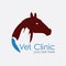 Logo veterinary clinic for horses, is designed as a contour line, black and white monochrome, happy horse, human hand strok