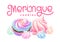 Logotype of set airy french meringues twirls, marshmallow, zephyr. Vector with calligraphy. sweetness, sweet cake