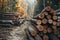 Logs scattered along autumn woods path, natures rustic beauty