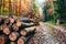 Logs scattered along autumn woods path, natures rustic beauty