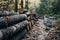 Logs scattered along autumn woods path, natures rustic beauty