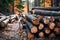 Logs scattered along autumn woods path, natures rustic beauty