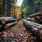 Logs scattered along autumn woods path, natures rustic beauty