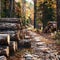 Logs scattered along autumn woods path, natures rustic beauty