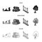Logs in a stack, plane, tree, ladder with handrails. Sawmill and timber set collection icons in black,monochrome,outline