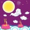 Loi Krathong tradition is Thai culture. Design a picture of a krathong on the river Cloudy, moon, stars, fireworks on purple