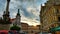 Loket, Czech Republic; 5/19/2019: Sunset in the cloudy skyline of the Loket Market or main square of Loket, with the Holy