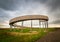 Lokout tower at Kobyli Vrch hill, South Moravia region - Czech republic. Wooden spiral construction near vineyards and church.