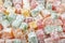 Lokum background sweet turkish delight.Heap of colorful Turkish delight isolated on white background