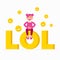 LOL icon as a laugh out loud sign yellow symbol with a funny smiling girl with pink hair sitting on LOL text. Cheerful