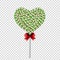 Lolipop heart made of sweets and candies and bounded with red bo