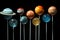 Lollipop candies as planets of solar system. Astronomy themed sugar sweets. Colorful lollipops in shape of planets. Imagination,