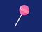 Lollipop sweet on stick icon. Pink caramel ball with strip on white leg.