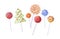 Lollipops and candies on sticks. Sweet round roll pops, swirl lollypops, circle caramels and spiral lollies with