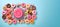Lollipops, colorful candies, cakes, candy collages, donuts, cookies, cupcakes, macarons, bright colors, look lively. Laid flat