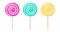 Lollipops, spiral hard sugar candies on stick