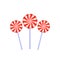 Lollipops on stick. Colorful caramel. Sweet round pink candy on stick 3d closeup. Flat vector illustration on a white