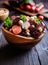 Lollo rosso salad with chickpeas, tomato, radish and croutons