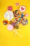 Lolly candies with sugar. colorful array of childs lollipops sweets and treats with candy