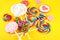 Lolly candies with sugar. colorful array of childs lollipops sweets and treats with candy