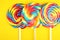 Lolly candies with sugar. colorful array of childs lollipops sweets and treats with candy