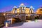 Lomonosov Bridge over the Fontanka River and New Year\\\'s decorations in the sky of St. Petersburg