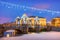 Lomonosov Bridge over the Fontanka River and New Year\\\'s decorations in the sky of St. Petersburg