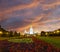 Lomonosov Moscow State University on Sparrow Hills against the background of a beautiful sunset, main building, Russia.