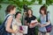 Lomonosov State University. A foreign language teacher talks with students during a break