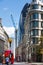 LONDON, Bank of England street and Gherkin building view. City of London