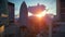 London beautiful sunrise over Swiss Reinsurance Headquarters, The Gherkin, camera fly