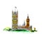 London, Big Ben, Houses of Parliament Illustration. Sketch with colourful water colour effect