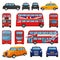 London car vector british cab taxi and uk red bus for transporting in england illustration set of tourism transportation