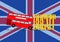 London city bus crashing with brexit word on united kingdom flag background