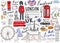 London city doodles elements collection. Hand drawn set with, tower bridge, crown, big ben, royal guard, red bus and black cab, UK