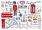 London city doodles elements collection. Hand drawn set with, tower bridge, crown, big ben, royal guard, red bus and cab, UK map a