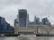 London city financial centre seen from a cruising boat on Thames river in 2023