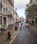 London city street scene through double decker bus window with r