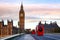 London cityscape with Double Decker buses move along the Westminster Bridge to Elizabeth Tower or Big Ben Palace of Westminster