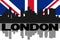 London docklands reflected and London text with  flag illustration