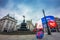 London, England - 03.18.2018: Iconic Union Jack umbrella at the empty Piccadilly Circus in the morning