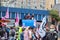 LONDON, ENGLAND- 30 August 2021: Extinction Rebellion protesters `locked-on` to the roof of a lorry during a protest