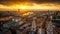 London, England - Aerial panoramic skyline view of London taken from top of St.Paul`s Cathedral at sunset