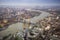 London, England - Aerial Skyline view of London with the iconic Tower Bridge, the Tower of London and skyscrapers of Canary Wharf