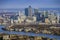 London, England - Aerial view of River Thames and the skyscrapers of Canary Wharf