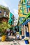 LONDON, ENGLAND - AUG 27,2019. A view of colourful buildings in Neals Yard during the day. Neals Yard hidden passage near Covent