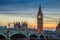 London, England - The iconic Big Ben, Houses of Parliamen and Westminster bridge at sunset