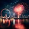 London Eye and fireworks launches in the night sky. New Year\\\'s fun and festiv