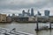 London financial district skyline Square Mile, England, UK - selective focus on foreground pigeon.