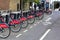 London, Great Britain. April 12, 2019. Kensington street. Hire bikes in London with Santander Cycles.